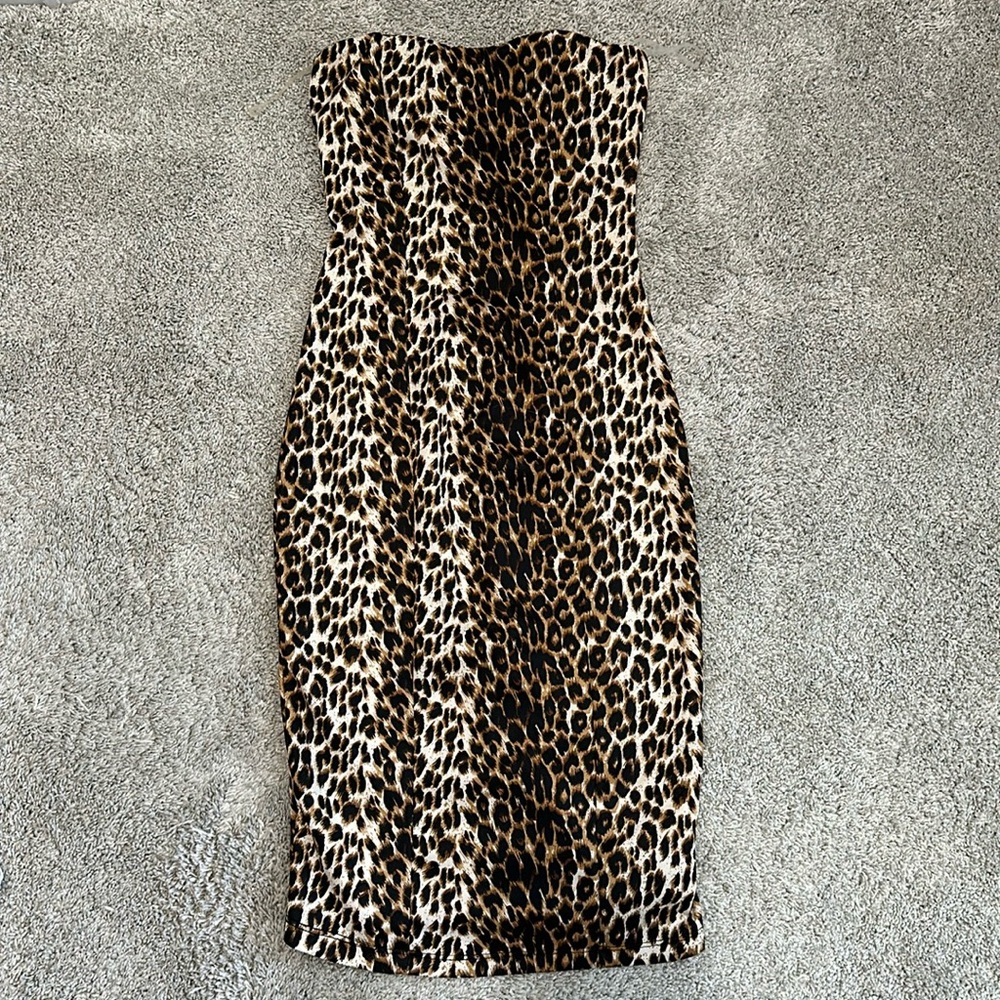 Diosa Strapless Animal Print Bodycon Midi Dress